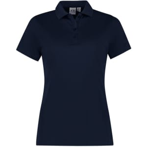 A navy short sleeve polo shirt for women with a collared neckline and three buttons. Features a logo.