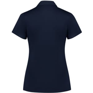 A women's short sleeve polo shirt in navy, featuring a collared design and a logo on the back.