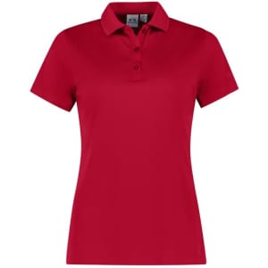A red women's short sleeve polo shirt with a collar and a logo on the chest.