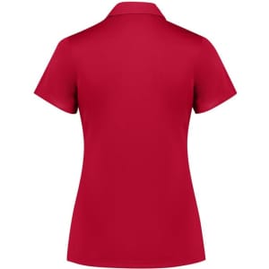 A red women's short sleeve polo shirt featuring a collar and a back view. The shirt includes a logo.
