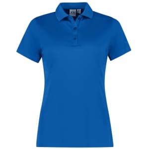 A women's short sleeve polo shirt in vibrant blue, featuring a collar and a logo on the chest.