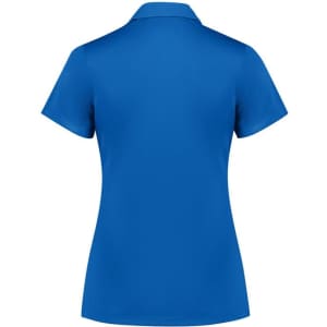A blue women's short sleeve polo shirt with a collar and a logo on the back.