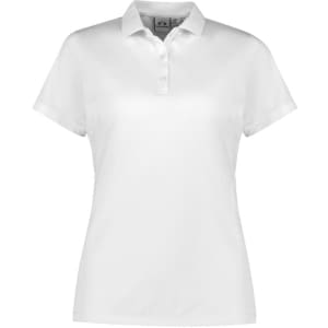 A women's short sleeve polo shirt in white, featuring a classic collar and button placket. Includes a branding logo.