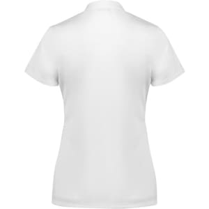 A white short sleeve polo shirt with a collar, featuring a logo on the back.