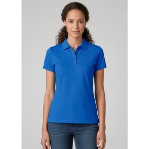 A women's short sleeve polo shirt in vibrant blue, featuring a collar and a logo.
