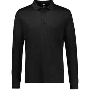 A black long sleeve polo shirt featuring a collar, buttons, and a logo on the chest area.