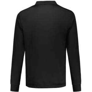 A black long sleeve polo shirt featuring a collar and a logo on the back.