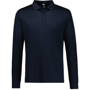 A navy long sleeve polo shirt with a collar and three-button placket. Features a logo on the chest.