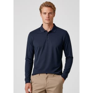 A navy long sleeve polo shirt with a collar, featuring a logo on the chest and paired with beige trousers.