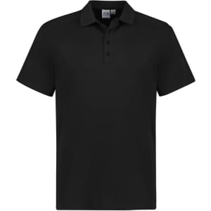 A black short sleeve polo shirt featuring a collar and buttons, with a logo on the chest.