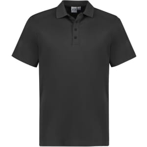 A black short sleeve polo shirt featuring a collar and a logo. Ideal for casual or sporty wear.