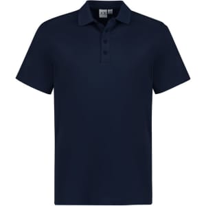 A navy blue men's short sleeve polo shirt with a three-button placket and a logo on the chest.