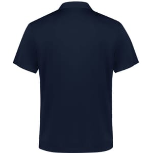A navy blue men's action short sleeve polo shirt with a logo on the back.