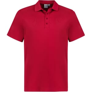 A red short sleeve polo shirt featuring a collar and three buttons, with a logo on the chest.