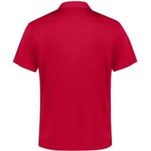 A red short sleeve polo shirt with a plain back and a small logo on the neckline.
