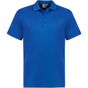 A short sleeve polo shirt in vibrant blue, featuring a collar and three buttons, with a logo on the chest.