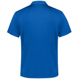 A blue men's short sleeve polo shirt with a plain design and a logo on the back.