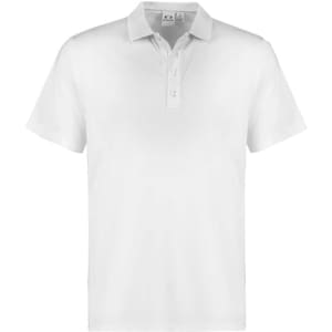 A white short sleeve polo shirt with a collar and a logo at the chest.