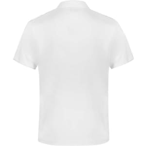 A white men's short sleeve polo shirt with a smooth fabric and a subtle brand logo.