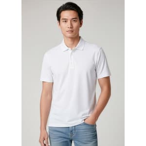 A white short sleeve polo shirt displayed on a male model, featuring a collar and a logo.