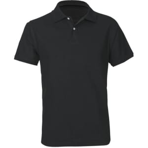 A black short sleeve polo shirt with a collar and buttons, featuring a contrasting inner collar.