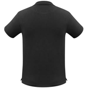 A black men's short sleeve polo shirt with a collar, featuring a logo on the back.