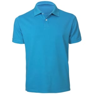 A bright blue men's short sleeve polo shirt with a classic collar and a logo on the chest.