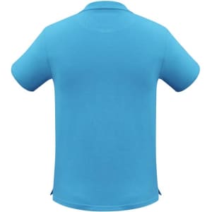 A short sleeve polo shirt in bright blue with a back view and a logo on the side.