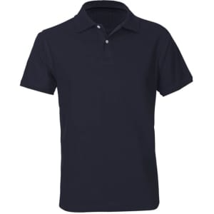 A navy short sleeve polo shirt featuring a classic collar and a logo on the chest.