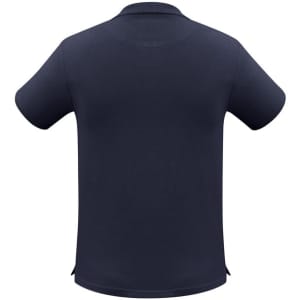 A dark navy short sleeve polo shirt featuring a collar and a logo on the chest.
