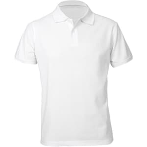 A white men's short sleeve polo shirt with a collar and a branding logo.