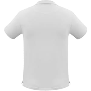 A white men's neon short sleeve polo shirt featuring a logo on the front.