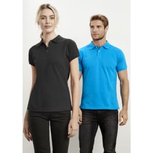 A black short sleeve polo shirt for women and a blue short sleeve polo shirt for men, both featuring a logo.