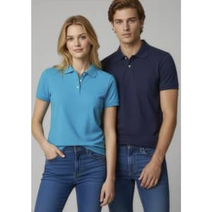 A men's neon short sleeve polo in navy blue, displayed alongside a woman's polo in bright aqua. Both have logos.