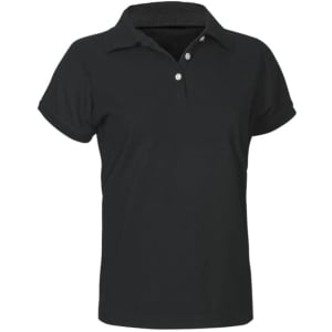 A women's short sleeve polo shirt in a solid dark green colour, featuring a collar and a branded logo.