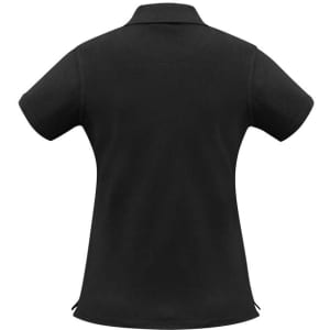 A black women's short sleeve polo shirt with a classic collar and a logo on the chest.