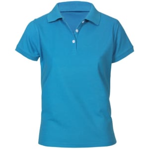 A women's short sleeve polo in bright turquoise, featuring a collar and button placket, with a logo on the chest.