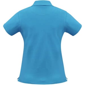 A women's short sleeve polo shirt in bright blue, featuring a collar and a logo on the back.