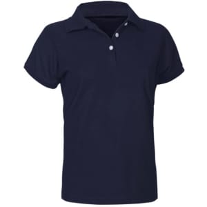 A navy short sleeve polo shirt with a collar and three buttons, featuring a logo on the chest.