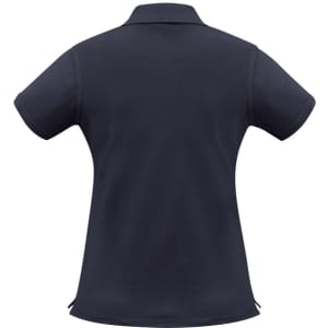 A women's short sleeve polo shirt in navy blue with a classic collar and a logo.