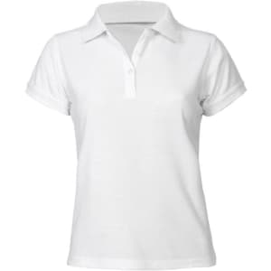 A white women's short sleeve polo shirt with a collar and rolled sleeves, featuring a logo.
