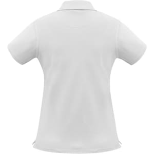 A white women's short sleeve polo shirt with a classic collar and a small logo on the back.