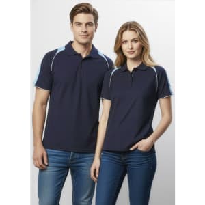 A navy short sleeve polo shirt for men and women, featuring light blue accents and a logo.