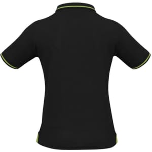 A black women's polo shirt with short sleeves, featuring contrasting green accents and a logo.