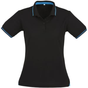 A black women's short sleeve polo shirt featuring blue accents and a collar design. It has a logo on the chest.