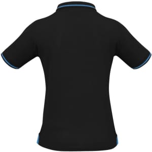 A black polo shirt with short sleeves and contrasting blue trim, featuring a logo.