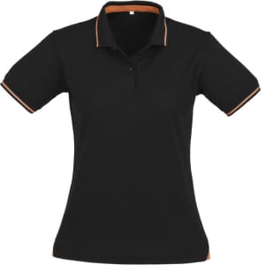 A black women's polo shirt featuring short sleeves and orange accents with a logo.