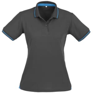 A women's short sleeve polo shirt in dark grey with blue detailing and a logo on the chest.