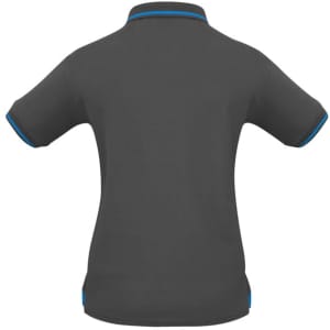 A charcoal women's polo shirt with short sleeves and contrasting blue trim. It features a logo on the side.