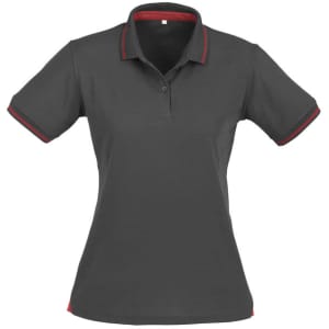 A women's short sleeve polo in dark grey with red accents and a logo.